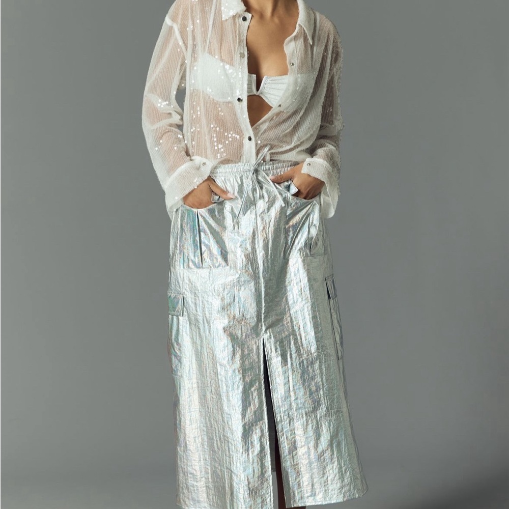 Anthropologie Metallic Shine Cargo Midi Skirt